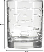 Rolf Glass School of Fish 13 oz Double Old Fashioned Whiskey Cocktail Glass | Set of 2 | Engraved Lead-free Tumbler Glasses | Made in the US