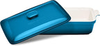 Stoneware Casserole Dish Bakeware Set with Lid, Covered Rectangular Dinnerware, Large 3.2 Quart, 11 by 9 Inch [Ocean Blue]