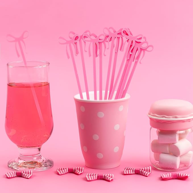 60Pcs Coquette Bow Acrylic Drink Stirrers Pink Cocktail Stick Cocktail Coffee Drink Stirrers Lolipop Stick for Coquette Birthday Party Girly Ribbon Bachelorette Party Bridal Wedding Decor
