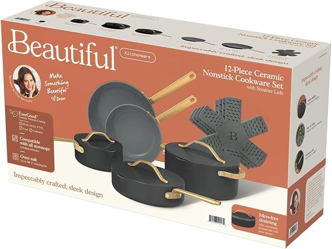 Beautiful 12pc Ceramic Non-Stick Cookware Set by Drew Barrymore, Pots & Pans with Lids, Dishwasher‑Safe,Soft‑Touch Handles, Even‑Heat Base.