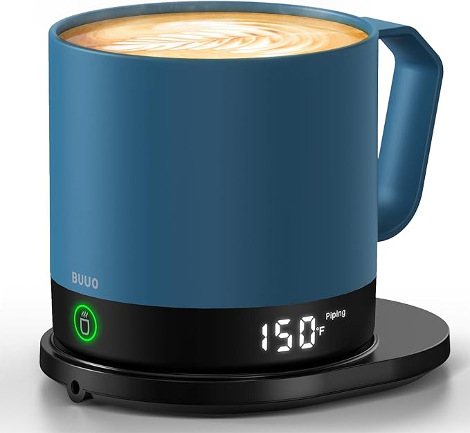 Heated Coffee Mug Rechargeable - Temperature Control Self Heating Coffee Mug 14oz with Lid, Double Sided & Real-Time LED Display, Hot up to 150℉, Birthday Gifts for Women and Men(Blue)