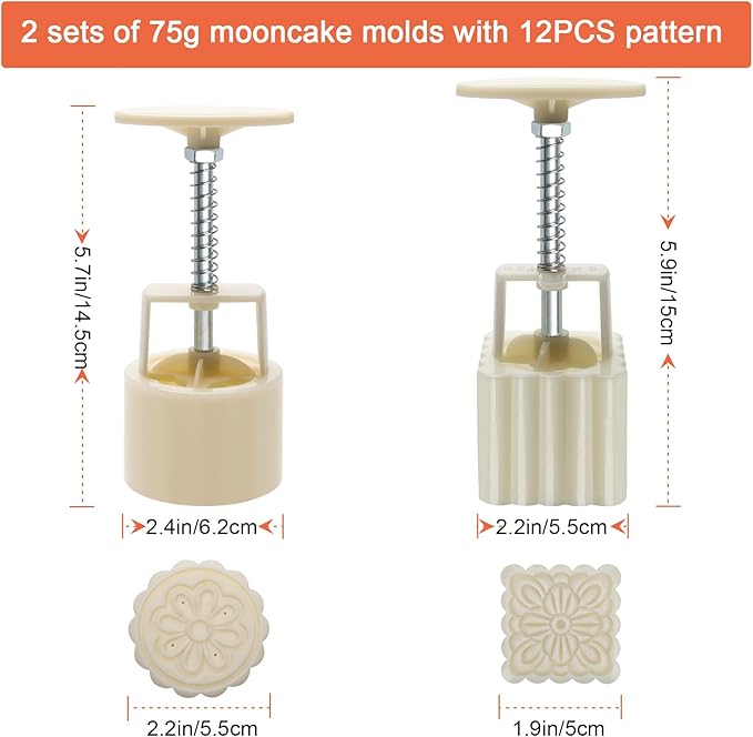 Luxiv Moon Cake Mould 75g, 12 PCS Pattern Hand-Pressure Mooncake Molds for Mid-Autumn DIY Pastry Tool 2 Set with 6pcs Round Flower Mooncake Mode and 6 Pcs Square Pattern Mooncake Mould (White, 75g)