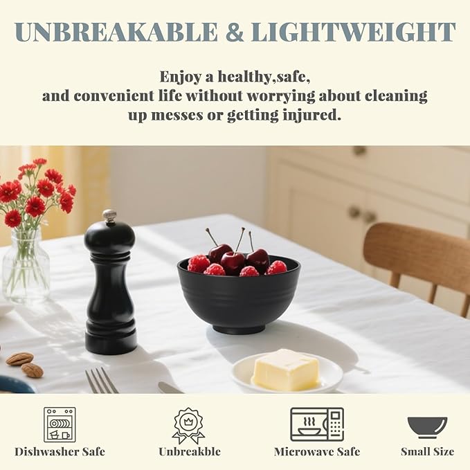 Homienly Wheat Straw Small Bowl Set of 8, Unbreakable Dessert Bowl - 10 OZ, Wheat Straw Mini Bowls for Kitchen, Kids, Microwave and Dishwasher Safe Bowls for Snack, Appetizer, Ice Cream (Black)