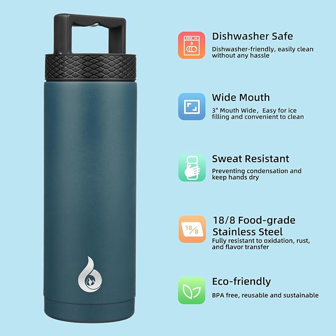 BJPKPK Insulated Water Bottles, Dishwasher Safe 18 oz Water Bottle with Handle, Leakproof BPA Free Water Jug, Stainless Steel Thermos for Sports, Navy Blue