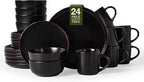 Famiware Mercury Dinnerware Sets with Mugs, Service for 6 (24 Pieces), Stoneware Plates and Bowls Sets, Microwave and Dishwasher Safe Dishes Set, Matte Black