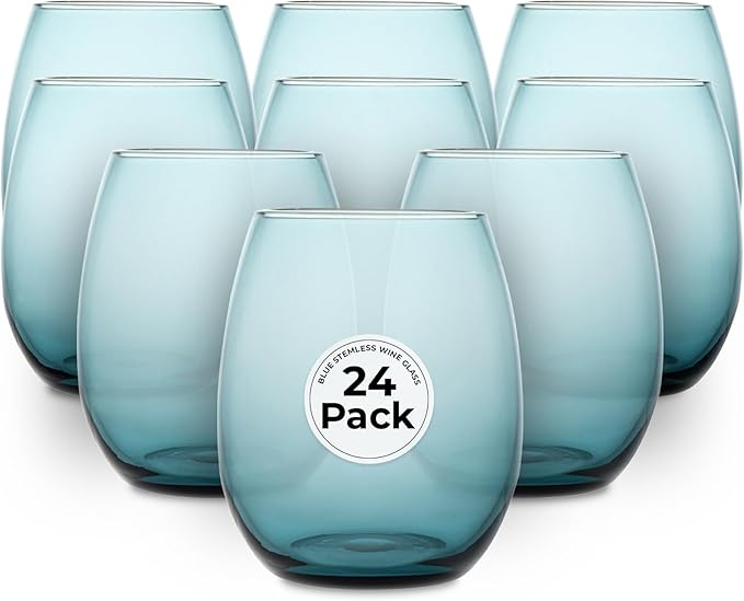 Restaurantware-Vetri 15 Ounce Wine Glasses, 24 Dishwashable Stemless Wine Glasses - No Lead, Durable, Blue Glass Cups, For Home, Bar, Or Restaurant, Serve Merlot, Chardonnay, Or Bordeaux
