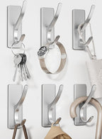 Stick on Hooks for Hanging, Extra Sticky 6KG (Max), Coat Hook on Door for Towel Coat Hat Key, Self Adhesive Hangers Wall Mounted, Silver, 6 Pack