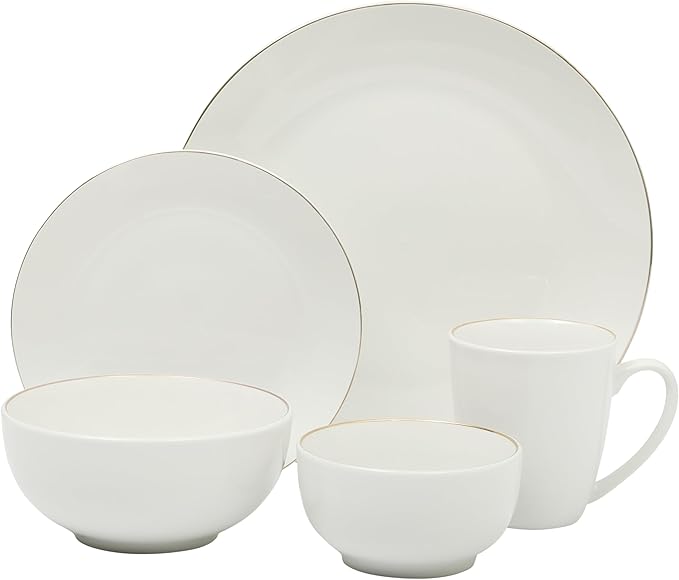Gibson Home Ogalla 30 Piece Plates, Bowls, & Mugs Dinnerware Set - Service for 6 - White Porcelain W/Gold Band