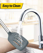 Pack of 4 Silicone Cooking Utensils Set, Non Stick Large Solid Spatulas, Heat Resistant Gray Slotted Spoons, Ideal BPA Free Kitchen Turners for Frying, Mixing,Serving,Draining,Turning,Stirring