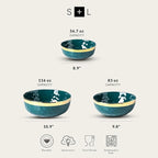 Stone Lain Florian Porcelain 3-Piece Round Bowl Service Set, Green with Gold Rim