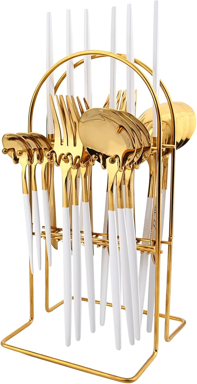 White Gold 24Pcs Flatware Set With Stand, Lightweight Dinnerware Set Stainless Steel Cutlery With White handles For Home Kitchen Wedding Party And Daily Use,Service For 6, Mirror Polish