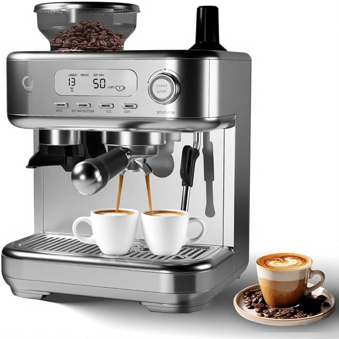 Automatic Espresso Coffee Machine with Grinder, Steam Milk Frother, LCD Display, 78 OZ Removable Water Tank for Cappuccino and Latte