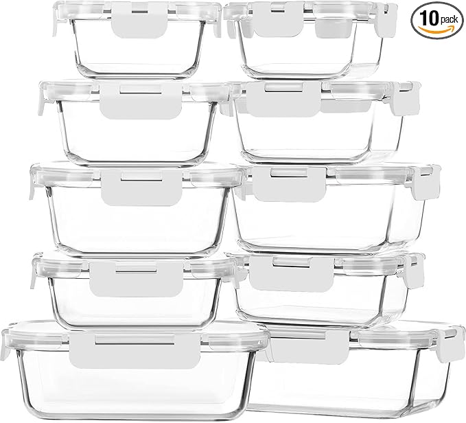 M MCIRCO 10-Pack Glass Food Storage Containers with Lids, Airtight Glass Lunch Bento Boxes, Meal Prep Containers, Microwave, Oven, Freezer and Dishwasher Friendly, White