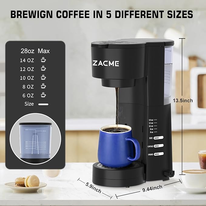 ZACME 4IN1 Single Serve Coffee Maker with Milk Frother & Grinder, Small Coffee Machine for K Cup & Ground, 28oz Water Tank, 6 to 14 oz Brew Sizes, Self-cleaning Function, Adjustable Drip Tray