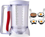 Pancake Batter Dispenser with Squeeze Handle for Precise Portion Control, Clear Measuring 4 Cup Batter Separator for Cookie Cake Waffles Muffin with 4 Egg Ring Molds