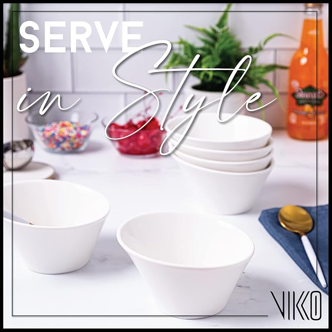 Vikko White Soup Bowls, Set of 6 Ceramic White Bowls, 10 Ounce, Elegant Shape Versatile Salad, Soup Bowl or Dessert Bowl, Dishwasher Safe