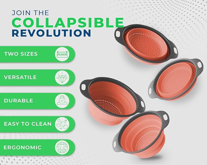 Ultimate Kitchen Strainers Set of 2 - Collapsible Silicone Colander For Easy Storage by Comfify - Use with Pasta & Veggies or as a Fruit or Berry Bowl with Strainer - Irreplaceable for Campers - Coral