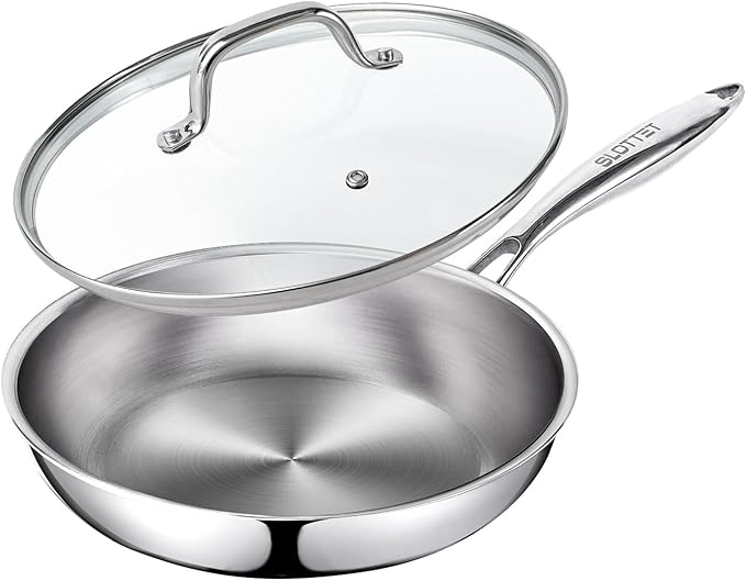 11.5 Inch Tri-Ply Stainless Steel Frying Pan with Lid,Whole-Clad No Coatings Skillet with Stay-cool Handle for Cooking,Dishwasher and Oven Safe,Induction Pans