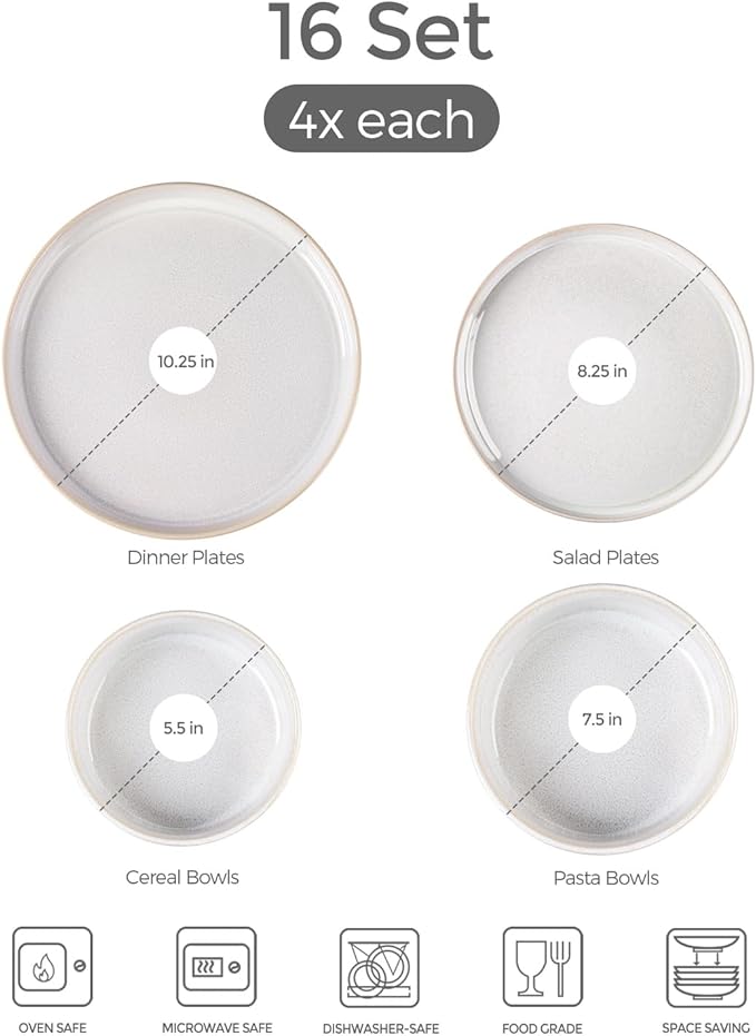 TheTerra Ceramic Dinnerware Sets with Pasta Bowls for 4, 16 Pieces Porcelain Lightweight Plates and Bowls Sets, Scratch Resistant Dish Set, Oven & Microwave & Dishwasher Safe, Reactive White