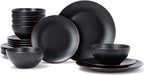 Famiware Venus Plates and Bowls Sets, 18 Pieces Stoneware Dinnerware Sets, Dishes Set for 6, Microwave and Dishwasher Safe, Matte Black