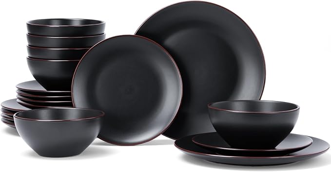 Famiware Venus Plates and Bowls Sets, 18 Pieces Stoneware Dinnerware Sets, Dishes Set for 6, Microwave and Dishwasher Safe, Matte Black
