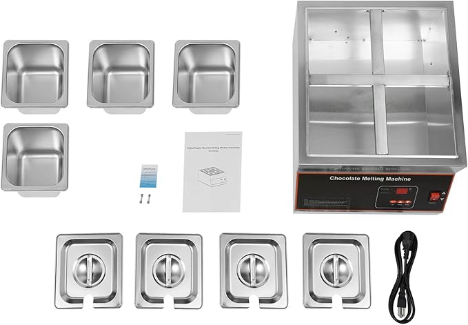 Chocolate Melting Pot, 500W 12kg/26.5lbs Electric Chocolate Tempering Machine, Stainless Steel Commercial Chocolate Melter Food Warmer for Catering Restaurant, 4 Tanks, 32-203°F