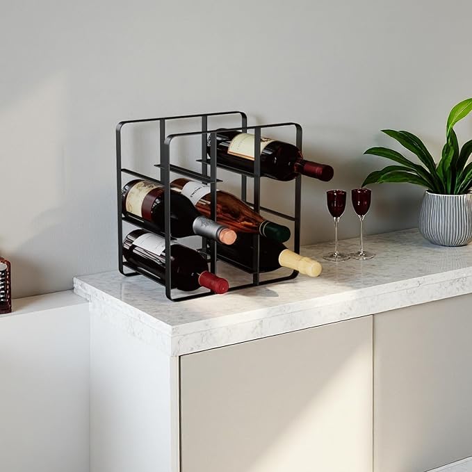 Buruis 9-Bottle Metal Wine Rack, Freestanding Holder Organizer for Red and White Wine, Kitchen Countertop, Pantry, No Assembly Required, Black