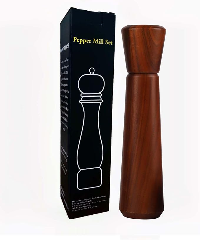 Wooden Pepper Grinder,Pepper Mill Wood 10In–Salt Grinder Refillable,Pepper Grinder Manual Adjustable Ceramic Rotor,Easy Refill,Salt and Pepper Shakers with Coarseness Control 1-Pack