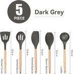 Non-Stick Silicone Cooking Utensils Set, 5 Pcs with Wooden Handle, Heat Resistant Silicone Kitchen Gadgets (Gray)