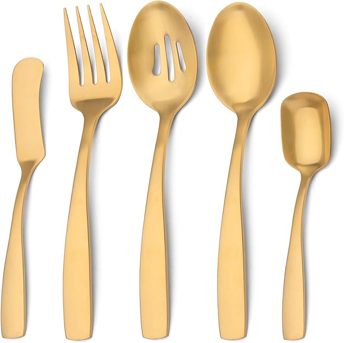 O.C.E. 5-Piece Matte Gold Serving Flatware Silverware Set, Utensil Set of Stainless Steel, Satin Finish, Hostess Tableware Serving Set, Dishwasher Safe