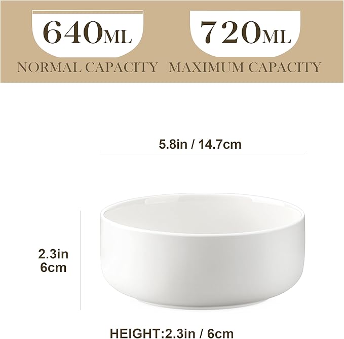 MALACASA 24 OZ Cereal Bowls, 5.8 Inch Soup Bowls Ceramic Bowl Sets of 4, Breakfast Bowls Set for Kitchen, Dishwasher Microwave Oven Safe, White, Series LUNA