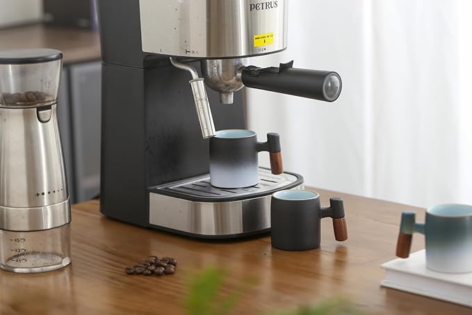 2-Oz Ceramic Espresso Cups with Wood Handle, 2/4-Piece Set for Coffee, Tea, Latte - Dishwasher Safe, Multi-Color & Wood Styles, Gift & Café Use (blue white2&blue black2, Wooden Handle4)