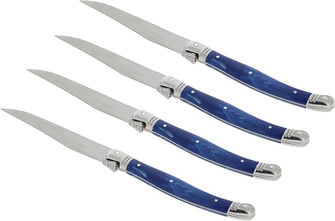 French Home Laguiole 4-Piece Steak Knife Set – Sophisticated Stainless Steel Dinner Knives with Blue Marble Handles & Iconic Bee Emblem – Serrated Knives for Smooth Cutting (9.25")