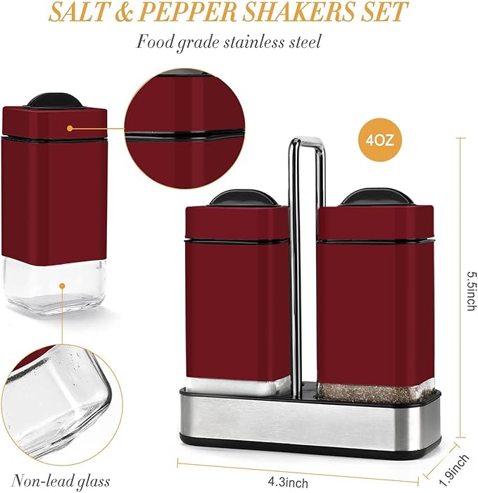 Red Salt and Pepper Shakers Set with Holder, Salt Shaker with Adjustable Pour Holes, Stainless Steel Refillable Spice Dispenser by Aelga