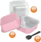 HARFINGTON 40Pack 10oz Disposable Mini Cake Pans with Lids and Spoons Pink Aluminum Foil Square Baking Cupcake Dessert Cups Tin for Birthday Party
