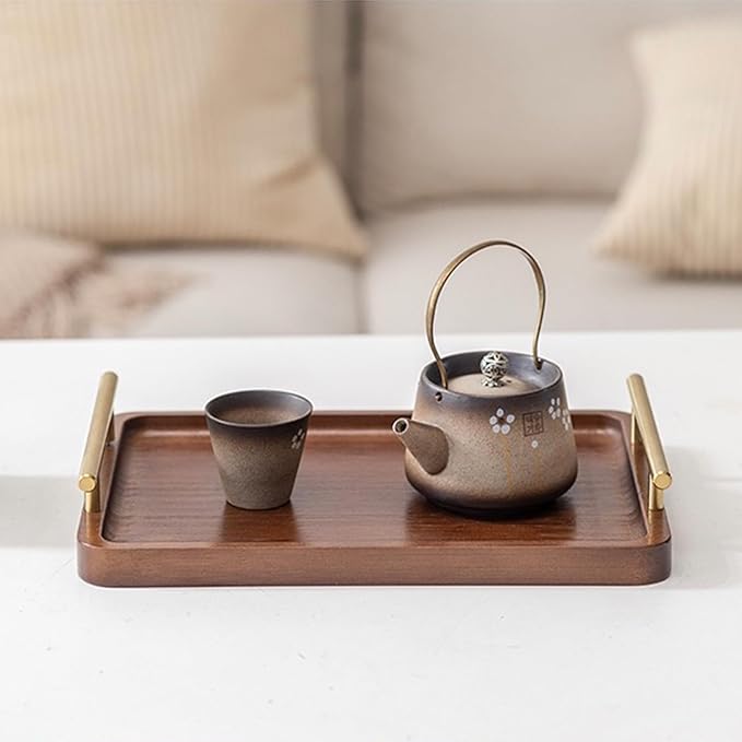 Bamboo Serving Tray with Gold Handles, Food Tray for Breakfast,Coffee Table,Dinner & Bar, Decorative Tray for Kitchen, Bedroom (Small)