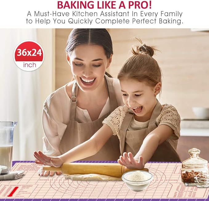 Silicone Pastry Mat 36 x 24 Inch - Larger Silicone Baking Pastry Mat for Rolling Dough,Non Slip Silicon Dough Sheet with Measurement,Perfect for Making Pie,Pizza(Purple)