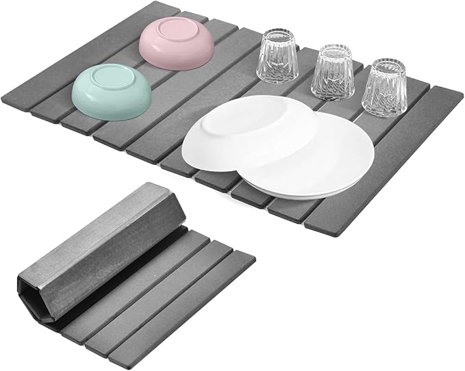 Large Stone Dish Drying Mat For Kitchen Counter, 24 x 16 Inch Collapsible Stone Drying Mat, Quick Dry Absorbent Diatomaceous Earth Mat, Self-Drying Dish Drying Mat For Dishes Sink Bathtub-Gray