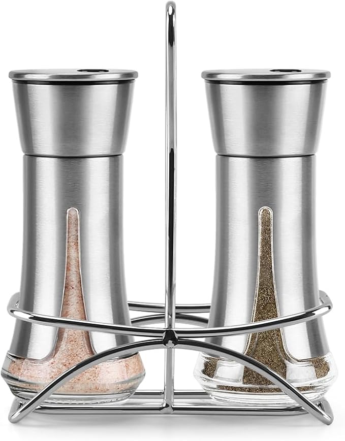 Aelga Salt and Pepper Shakers with Holder, Salt Shaker for the Kitchen with Adjustable Pour Holes for Himalayan, Kosher, and Sea Salts