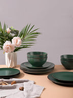 Famiware Venus Plates and Bowls Sets, 12 Pieces Stoneware Speckled Dinnerware Sets, Dishes Set for 4, Microwave and Dishwasher Safe, Matte Dark Green