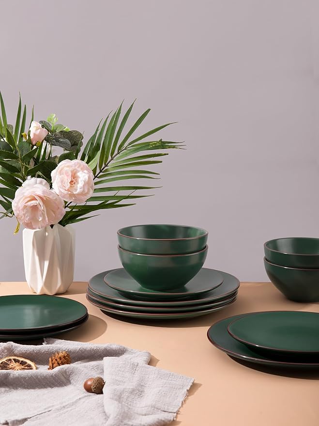 Famiware Venus Plates and Bowls Sets, 12 Pieces Stoneware Speckled Dinnerware Sets, Dishes Set for 4, Microwave and Dishwasher Safe, Matte Dark Green