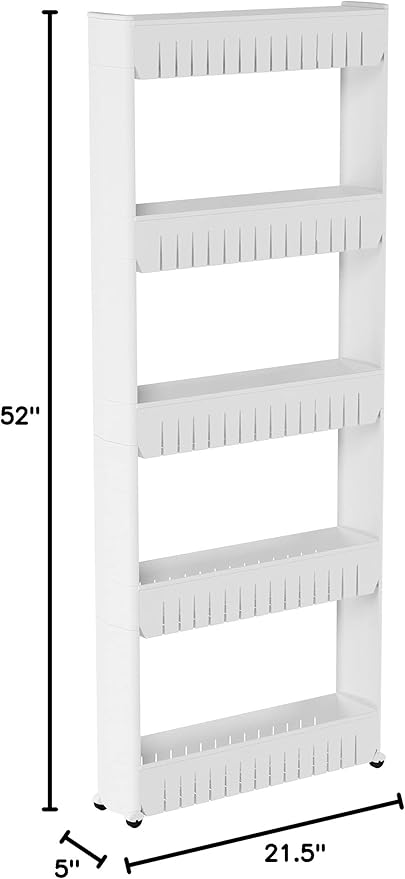 Slim Rolling Storage Cart - 5-Tier Utility Cart with Wheels for Bathroom, Kitchen, and Laundry Room - Bathroom Shelves by Lavish Home (White)