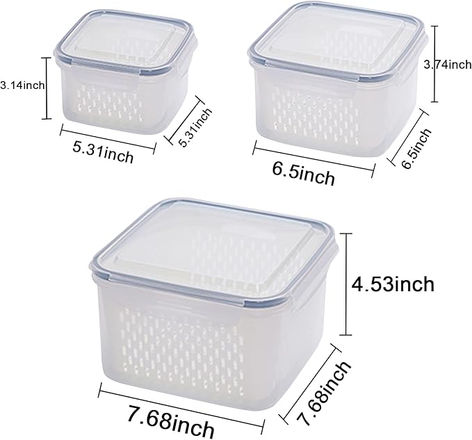 3Pack Fridge Food Storage Container Set with Lids with Strainer, Fruit Vegetable Storage Containers Keep Fruits, Vegetables, Berry, Meat Fresh longer, BPA-Free Plastic Produce Keepers