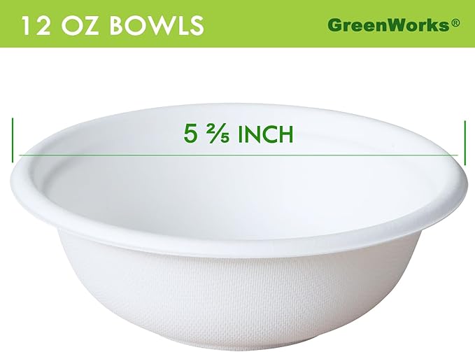 GreenWorks 100 Count 12 OZ Compostable Bowls, Biodegradable Bagasse and Bamboo fiber Paper Bowls