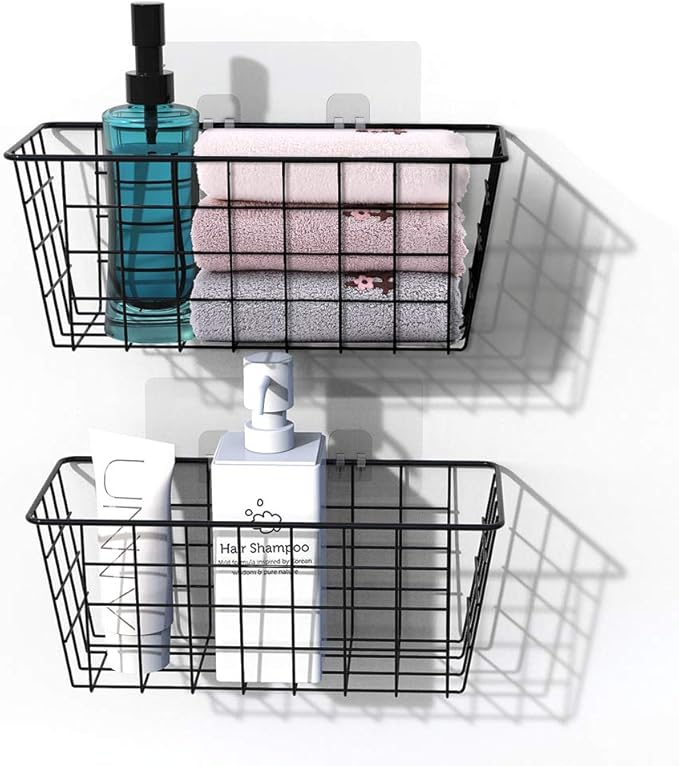 Hanging Kitchen Baskets For Storage Adhesive Small Wire Storage Baskets No Drilling Wall Mounted Shelf with Kitchen Food Pantry Bathroom Shelf Storage, 2 PACK, Black
