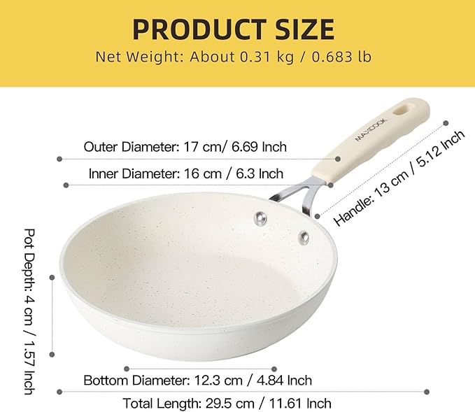 Mini Nonstick Egg Pan, 6.3 Inch Omelet Pan, Small Single Serve Egg Nonstick Skillet, Medical Stone Coating Cookware with Heat-Resistant Handle (16 cm, White)