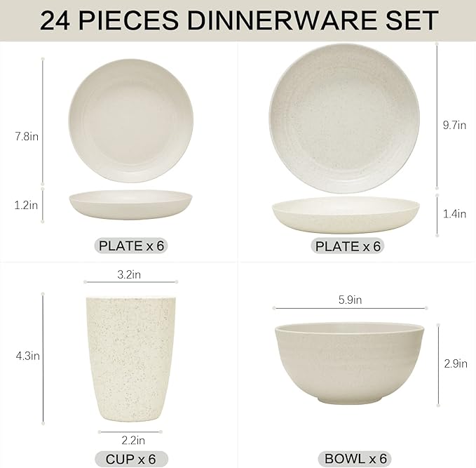 Wheat Straw Dinnerware Sets for 6, Osonm 24PCS Lightweight Unbreakable Plastic Plates Bowls Cups Sets, Dishwasher Microwave Safe Dishes Set for Camping, RV, Picnic, Kitchen, Great for Kids & Adults