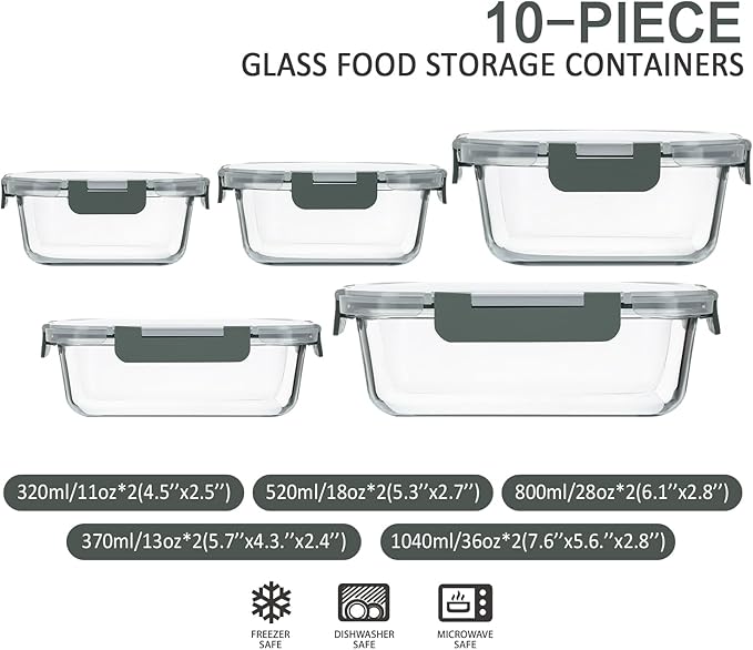 M MCIRCO 10-Pack Glass Food Storage Container with Lids, Airtight Glass Lunch Bento Boxes, Glass Meal Prep Container,Microwave, Oven, Freezer and Dishwasher Friendly