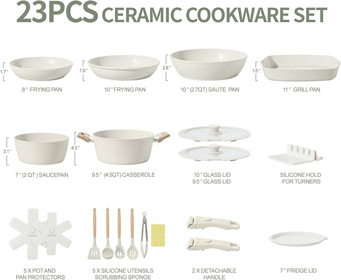 23pcs Ceramic Pots and Pans Set, Nonstick Detachable Handle Cookware, Induction Kitchen Cooking Set with Removable Handle,include Frying Pans & Saucepans Oven Safe, Induction, Stackable Set