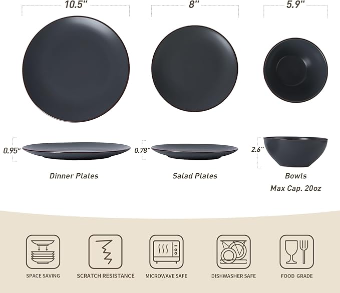Famiware Venus Ceramic Plates and Bowls Sets, Speckled Dinnerware Dish Sets for 8 (24 Pieces) - Microwave and Dishwasher Safe, Matte Charcoal